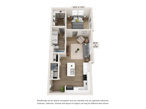 Floor plan for 1 bed, 1 bath, 688 sqft